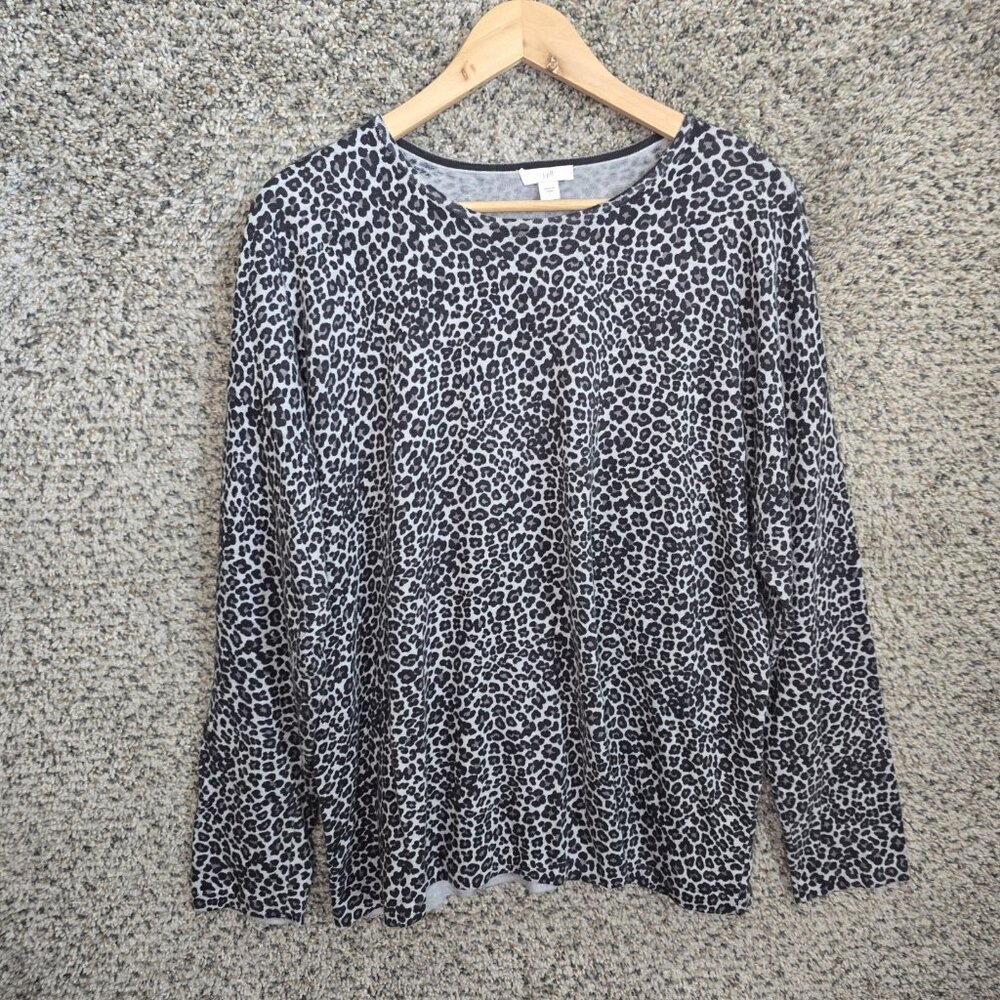 J Jill Top Womens Large Gray Animal Print Knit Scoop Neck Pullover Cotton Blend‎